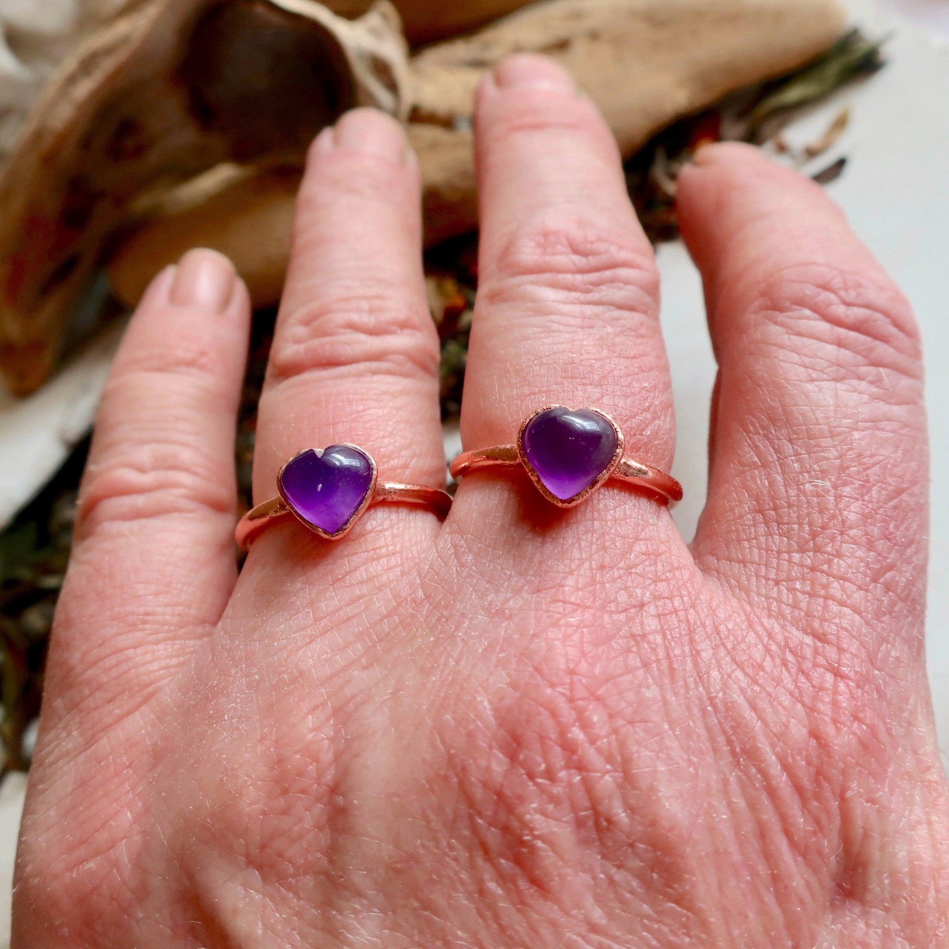 Electroformed Amethyst Copper Heart Ring for Spirituality - Blackbird & Sage Jewelry