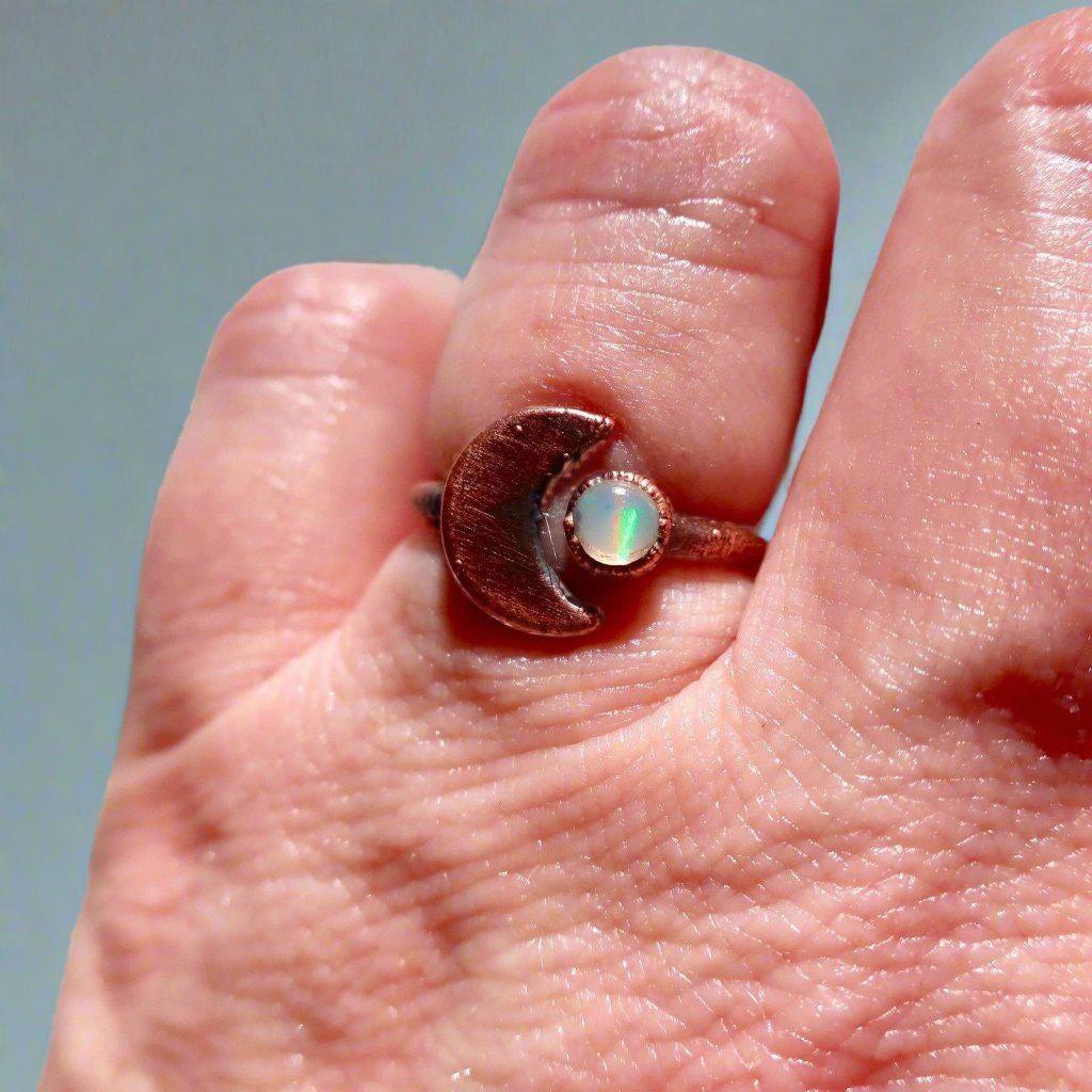 Crescent Moon and Opal Ring in Unique Copper Artistry - Blackbird & Sage Jewelry