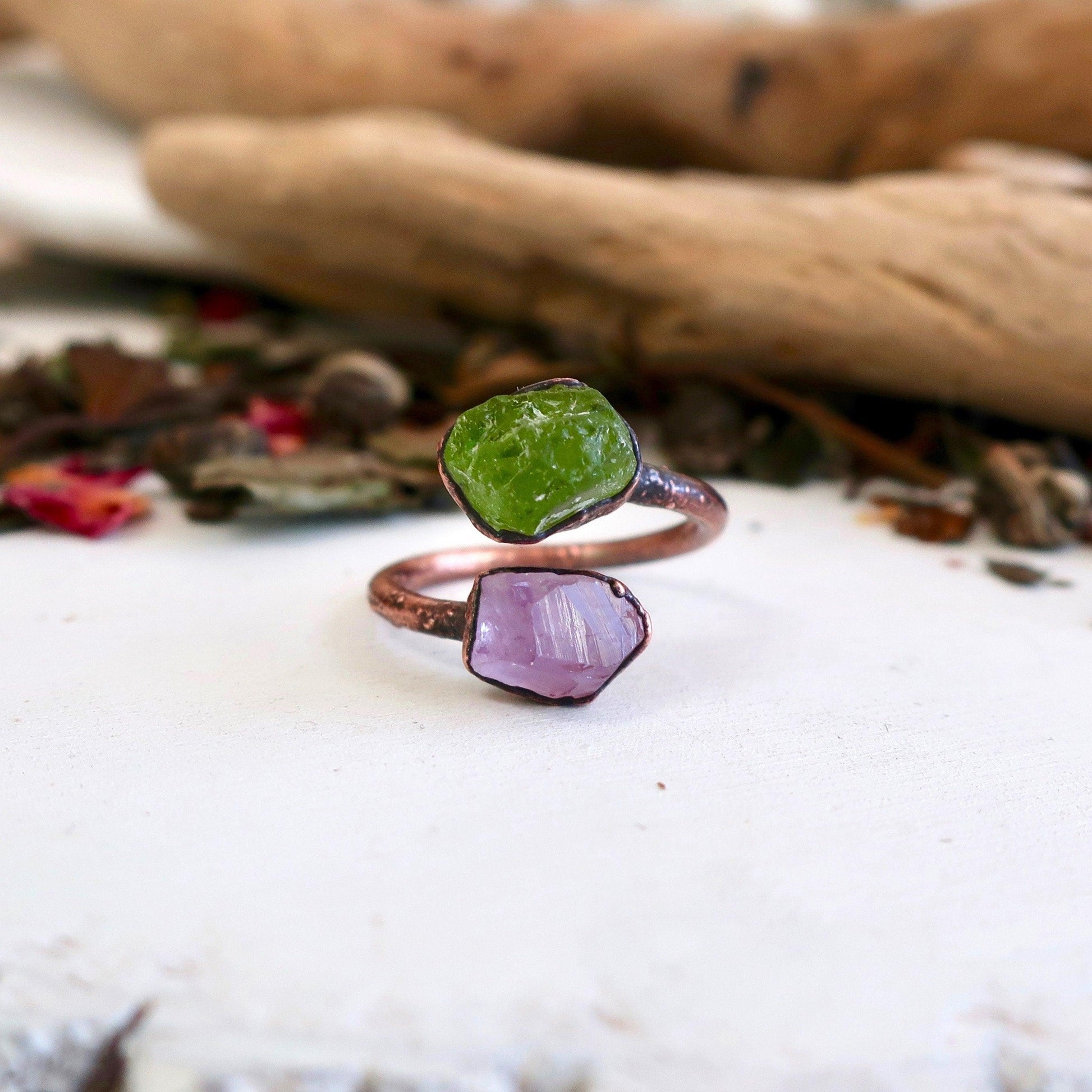 Unique Peridot and Amethyst Open Ring in Copper Design - Blackbird & Sage Jewelry