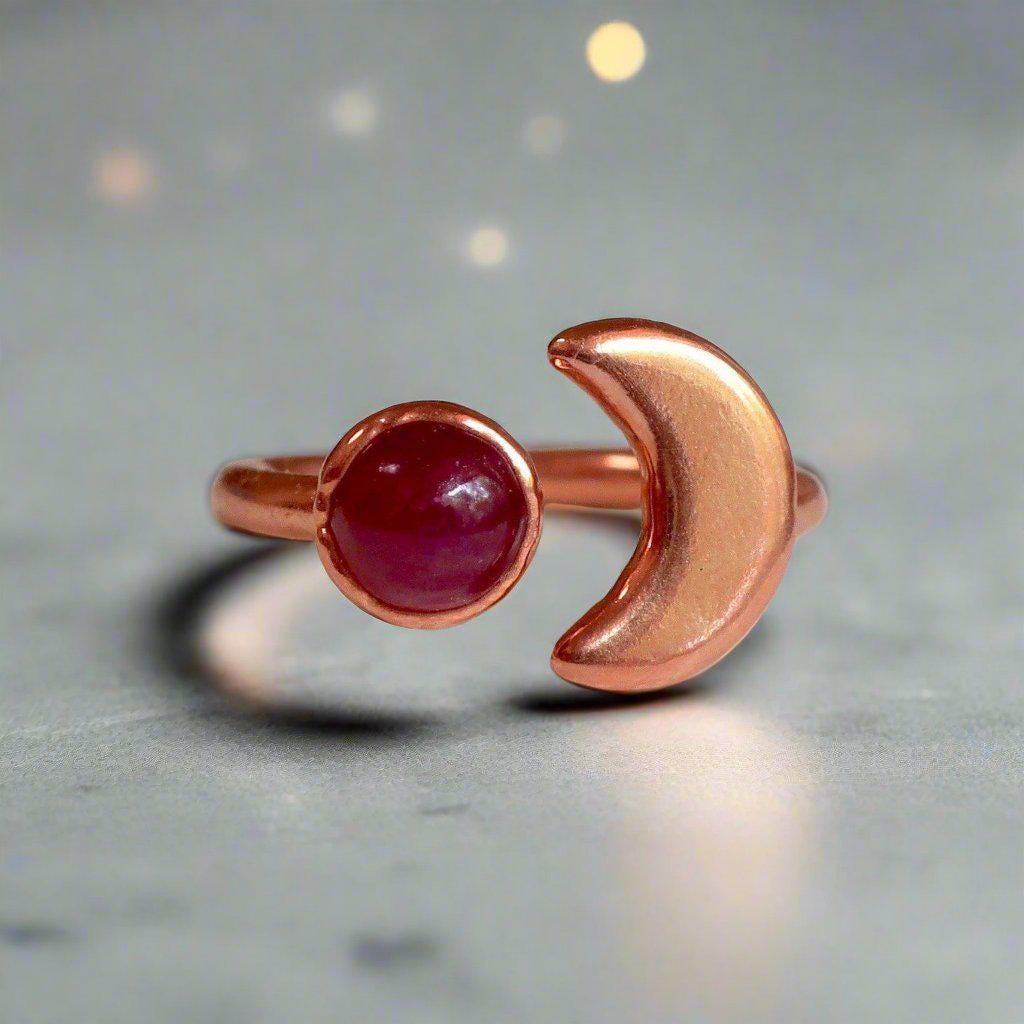 Stunning Ruby Eclipse Ring with Unique Copper Moon Design - Blackbird & Sage Jewelry