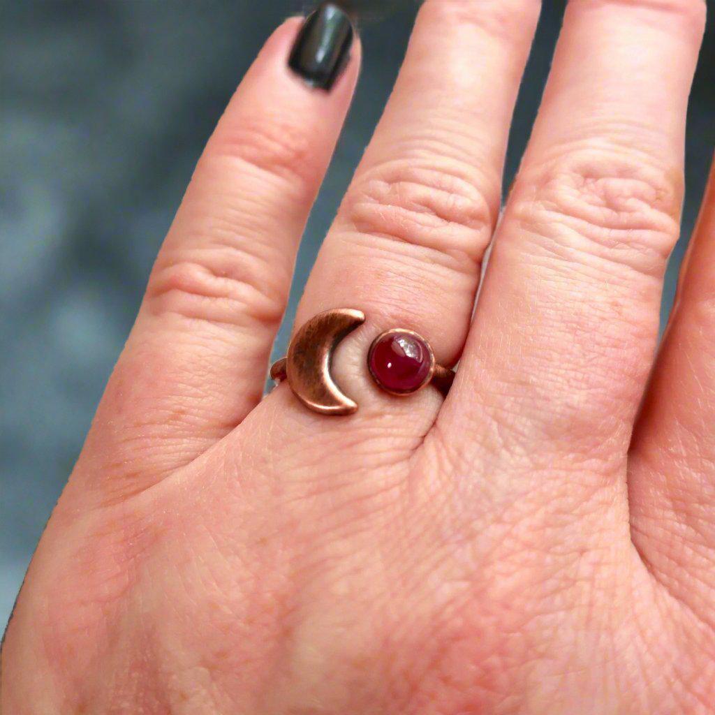Stunning Ruby Eclipse Ring with Unique Copper Moon Design - Blackbird & Sage Jewelry