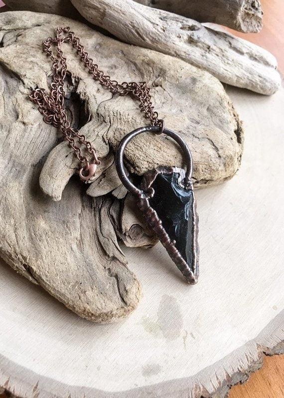 Large Obsidian Arrowhead Necklace in Electroformed Copper - Blackbird & Sage Jewelry