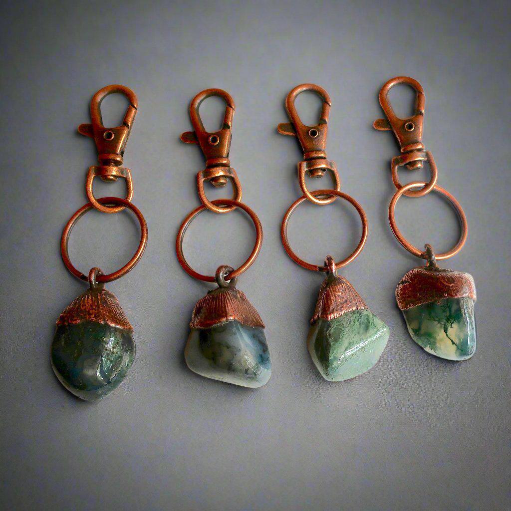 Handmade Moss Agate Keychain in Electroformed Copper Charm for Prosperity - Blackbird & Sage Jewelry