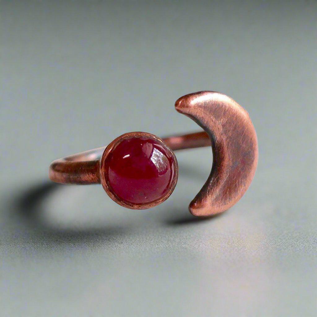 Stunning Ruby Eclipse Ring with Unique Copper Moon Design - Blackbird & Sage Jewelry