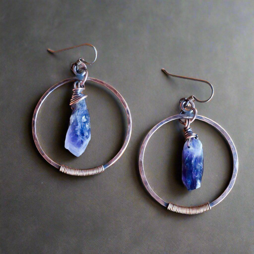 Raw Amethyst Copper Hoop Earrings with Unique Wire Wrap Beauty - Blackbird & Sage Jewelry