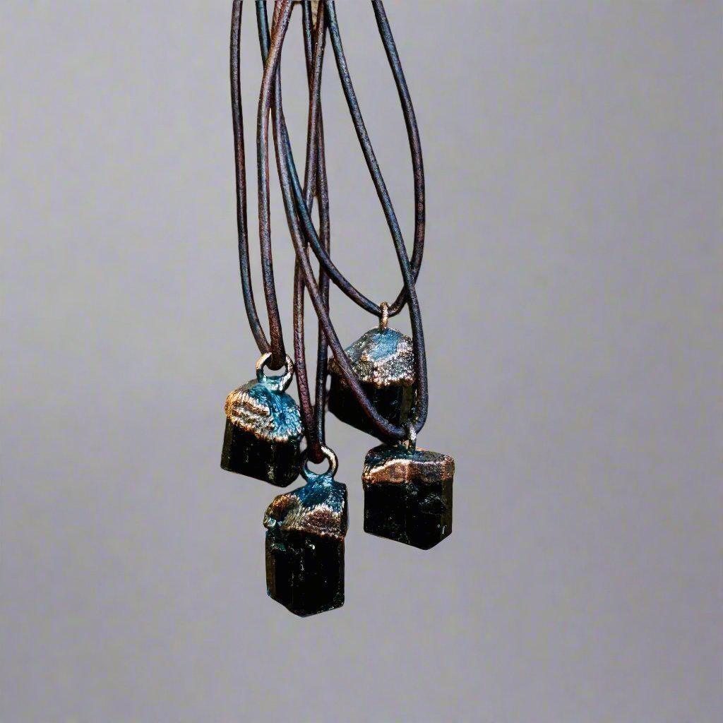 Raw Black Tourmaline Necklace with Copper Leather Pendant for Protection - Blackbird & Sage Jewelry