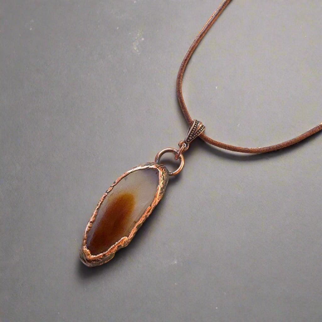 Red Agate Slice Pendant Necklace in Copper & Leather - Blackbird & Sage Jewelry