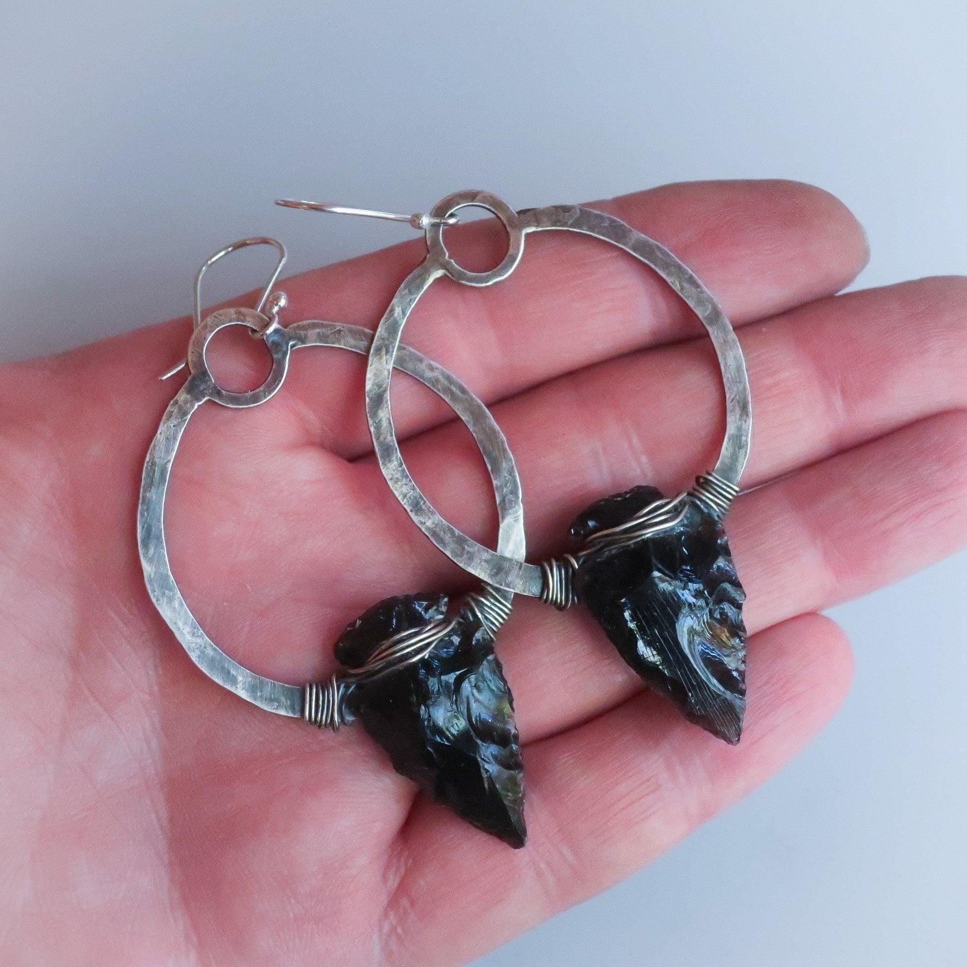 Black Obsidian Earrings in Sterling Silver Hoop Design for Strength - Blackbird & Sage Jewelry