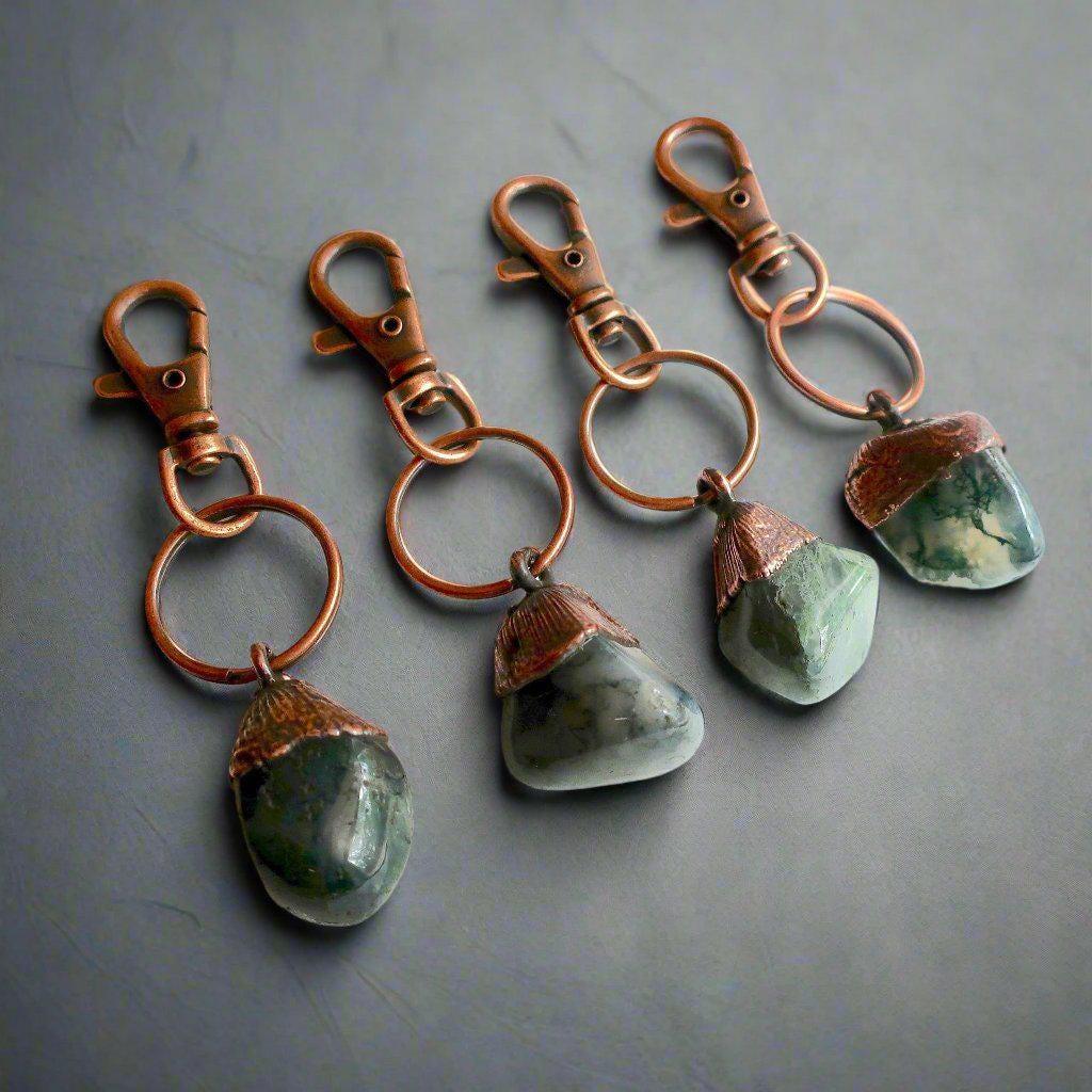Handmade Moss Agate Keychain in Electroformed Copper Charm for Prosperity - Blackbird & Sage Jewelry