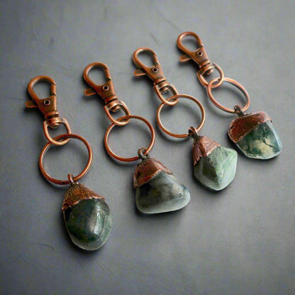 Handmade Moss Agate Keychain in Electroformed Copper Charm for Prosperity - Blackbird & Sage Jewelry