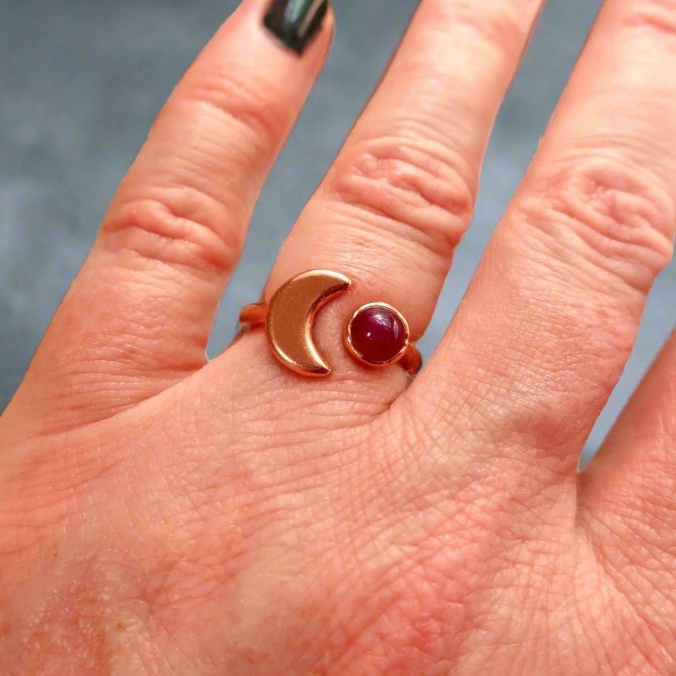 Stunning Ruby Eclipse Ring with Unique Copper Moon Design - Blackbird & Sage Jewelry