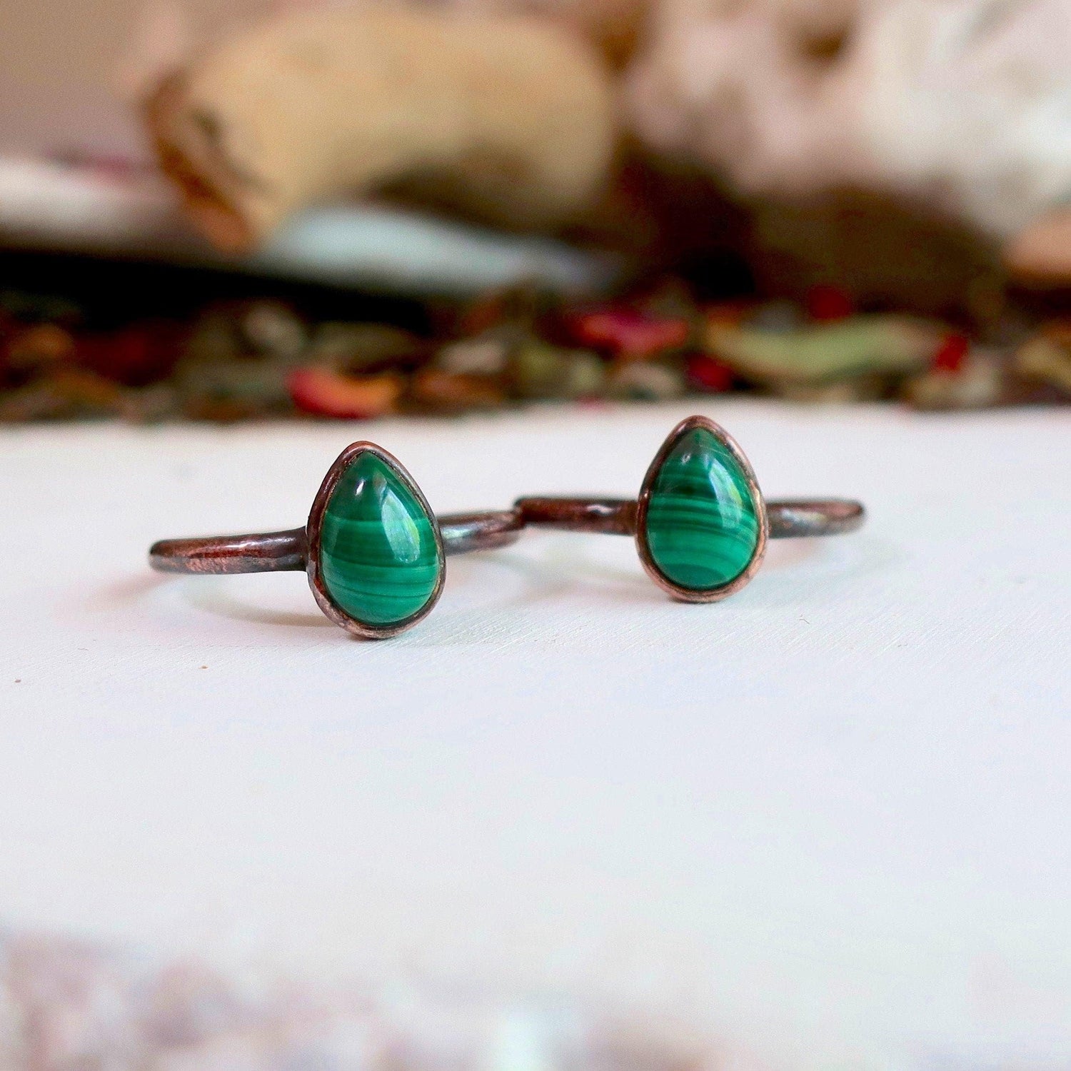 Handmade Teardrop Malachite Ring in Unique Copper Design - Blackbird & Sage Jewelry
