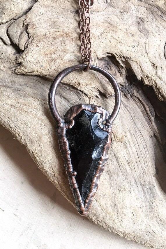 Large Obsidian Arrowhead Necklace in Electroformed Copper - Blackbird & Sage Jewelry