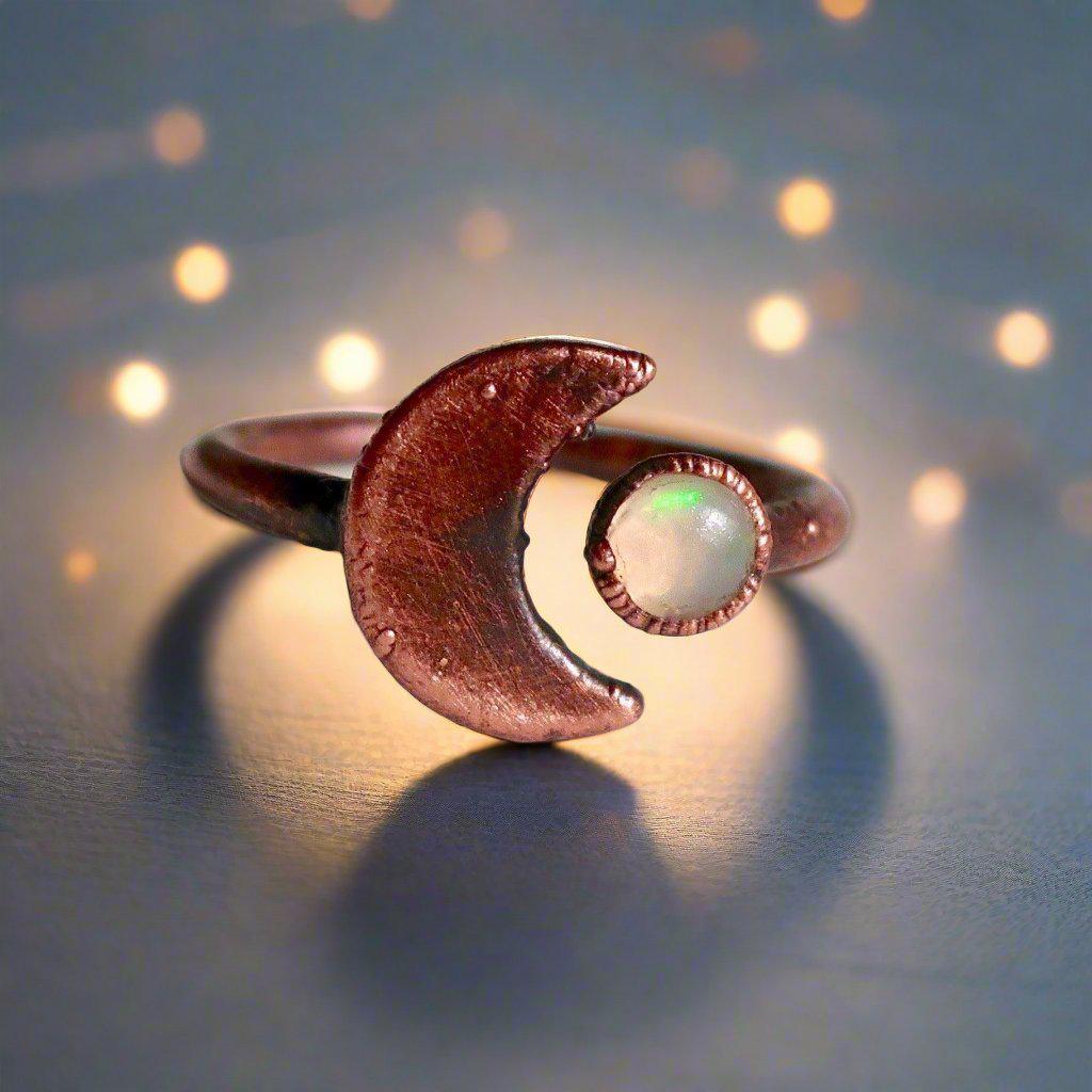 Crescent Moon and Opal Ring in Unique Copper Artistry - Blackbird & Sage Jewelry