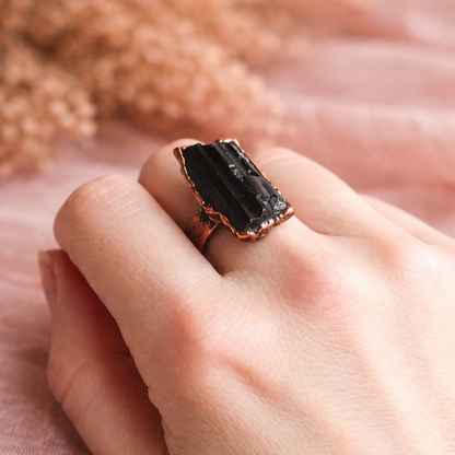 Large Black Tourmaline Ring | Raw Crystal | Wide Band Copper | Made to Order by Blackbird & Sage Jewelry Studio