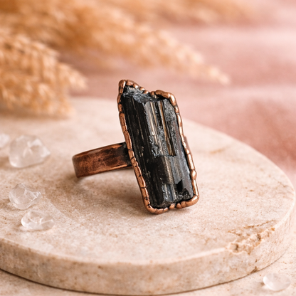 Large Black Tourmaline Ring | Raw Crystal | Wide Band Copper | Made to Order by Blackbird & Sage Jewelry Studio