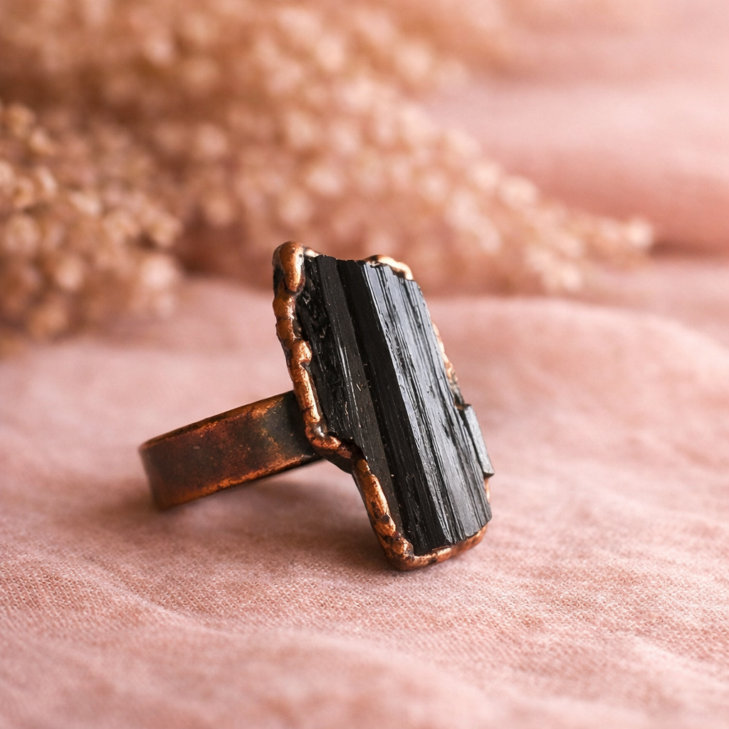 Large Black Tourmaline Ring | Raw Crystal | Wide Band Copper | Made to Order by Blackbird & Sage Jewelry Studio