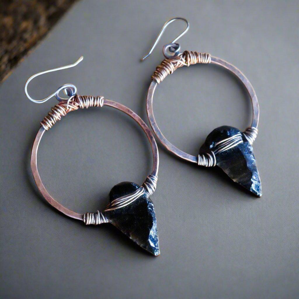 Black Obsidian Arrowheads on Copper Hoops Earrings - Blackbird & Sage Jewelry
