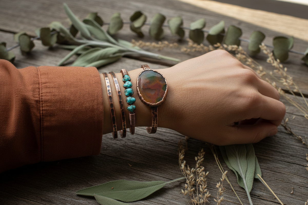 Agate slice bracelet worn on wrist, lifestyle shot