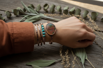 Agate slice bracelet worn on wrist, lifestyle shot