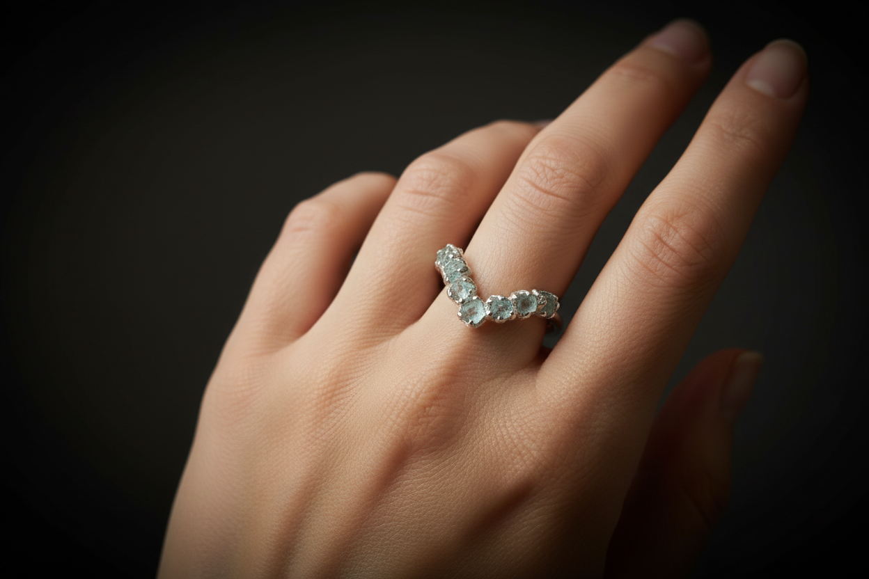 Aquamarine Silver Chevron Ring - Hand Shot