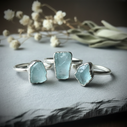 Aquamarine Silver Three Rings No Prongs