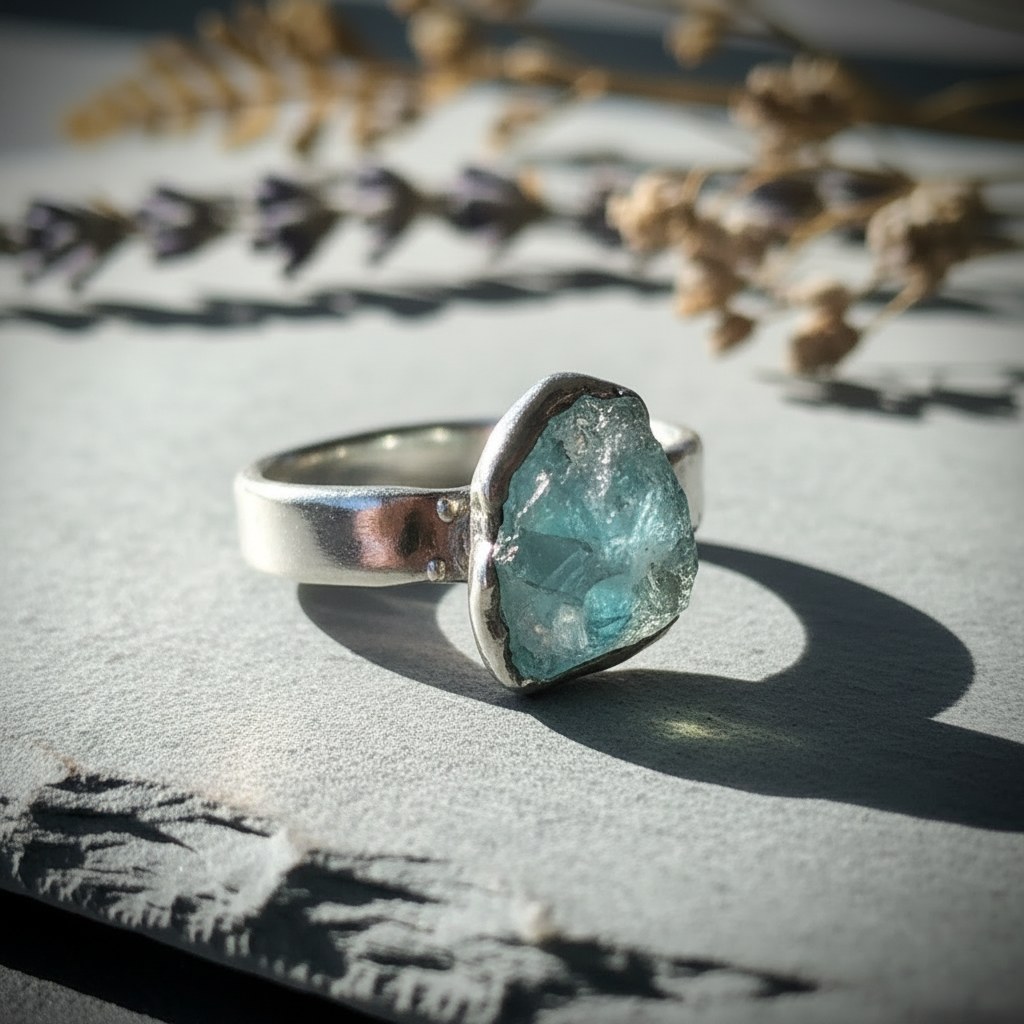 Aquamarine Wide Band Silver Angled