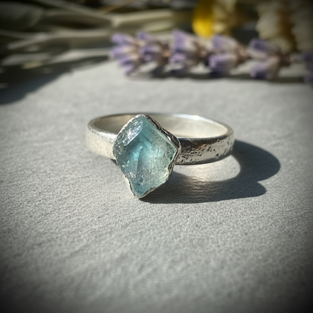 Aquamarine Wide Band Silver Hero