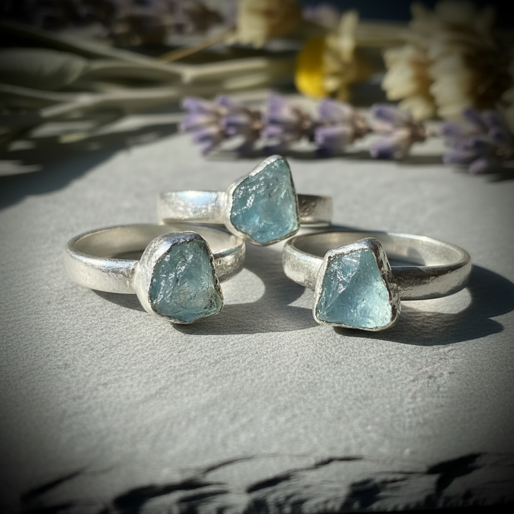 Aquamarine Wide Band Silver Three Ring Flat Lay