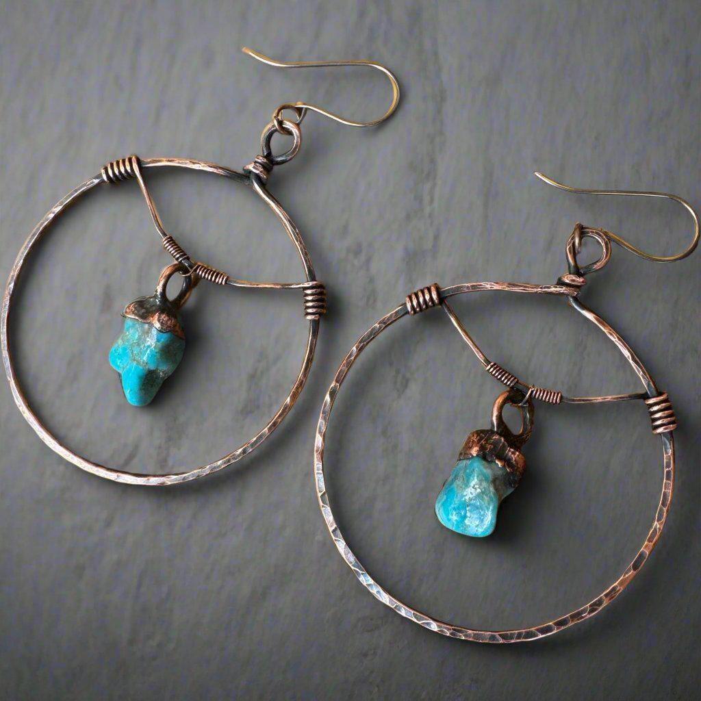 Raw Turquoise Hoop Earrings for Healing and Balance - Blackbird & Sage Jewelry