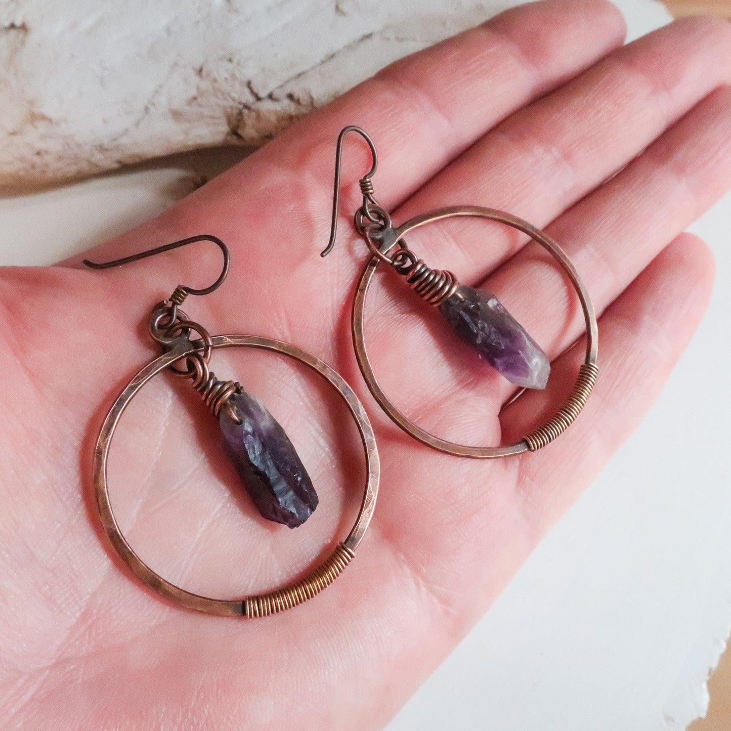 Raw Amethyst Copper Hoop Earrings with Unique Wire Wrap Beauty - Blackbird & Sage Jewelry