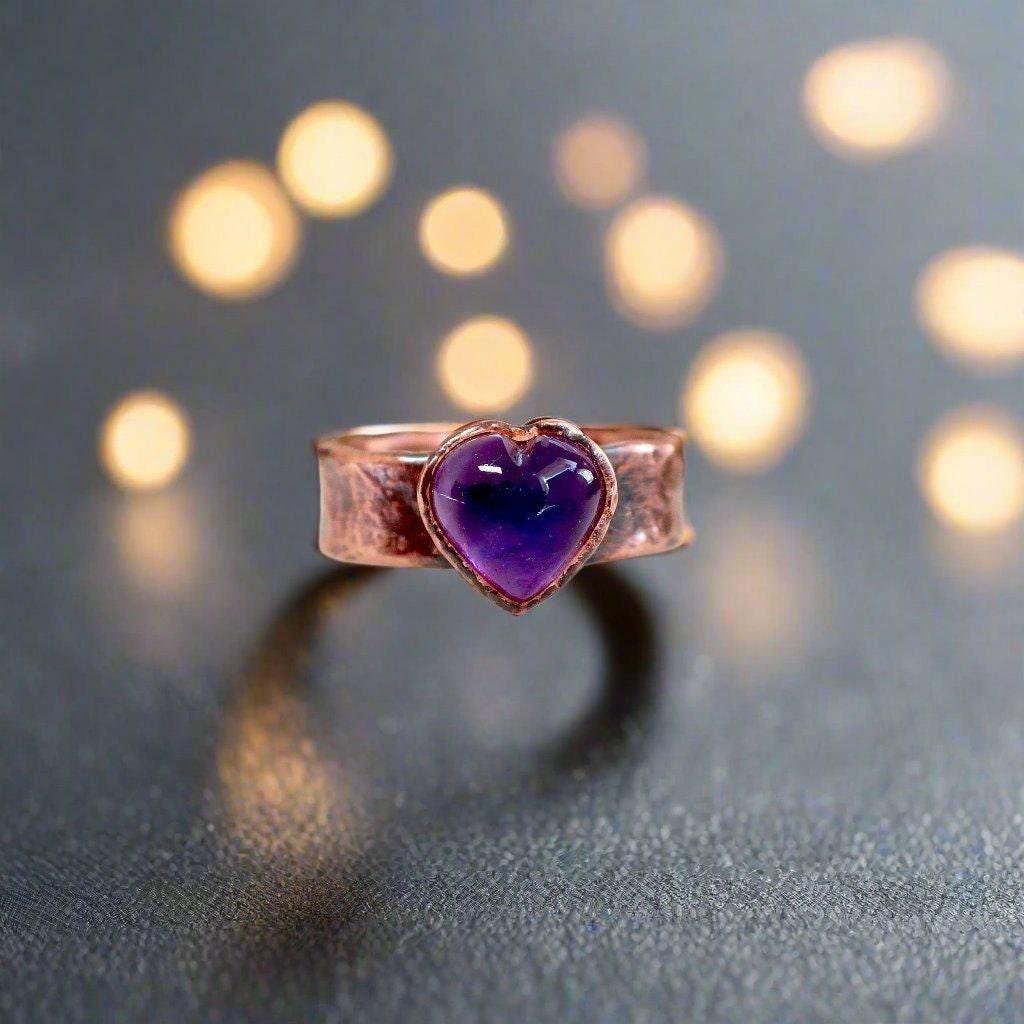 Amethyst Heart Wide Band Electroformed Copper Ring Gift for Healing - Blackbird & Sage Jewelry