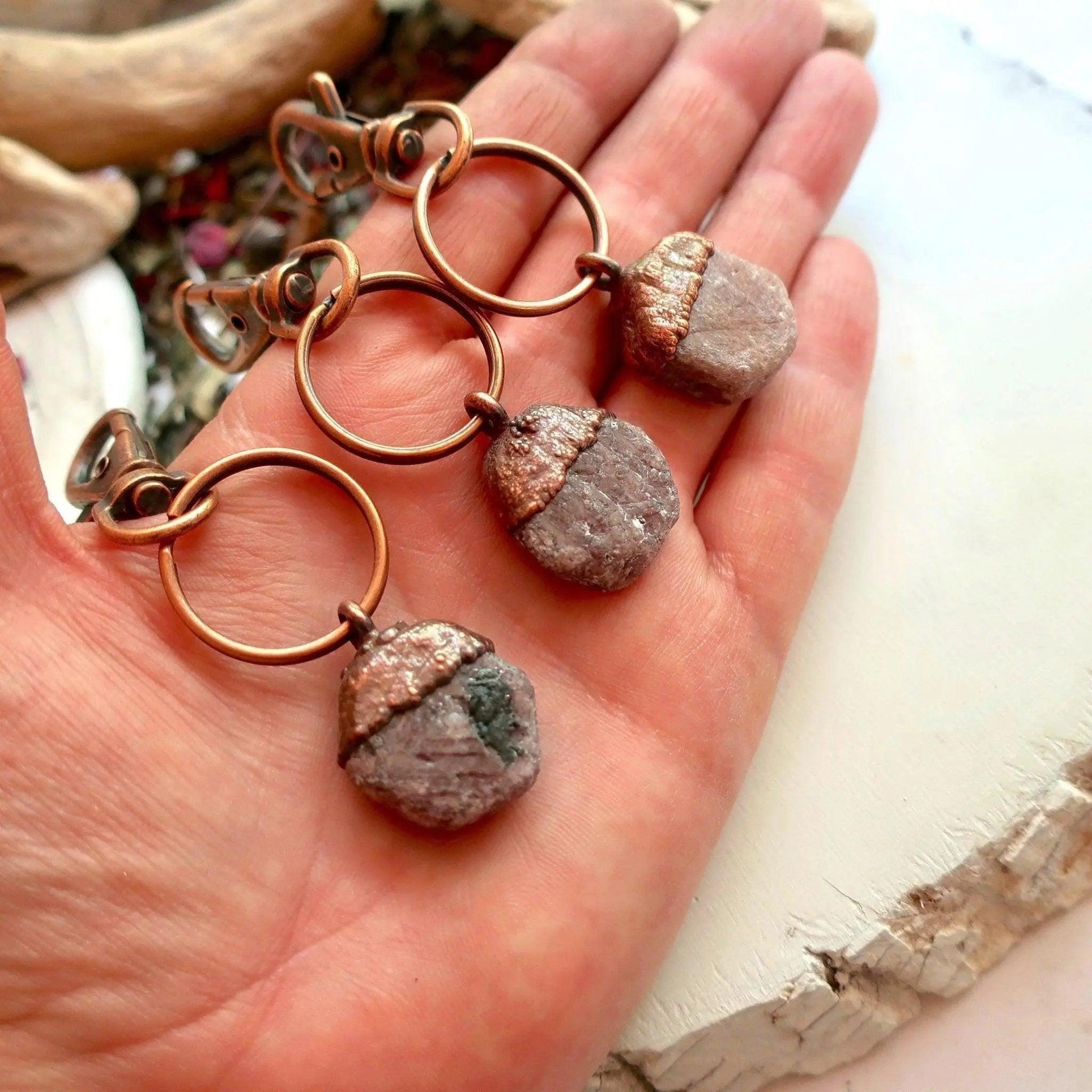 Handmade Raw Ruby Crystal Keychain with Copper Clasp Charm - Blackbird & Sage Jewelry