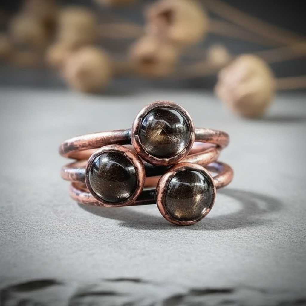 Black moonstone close-up cluster on light grey slate