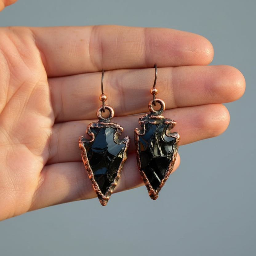 Black Obsidian Arrowhead Earrings — Hand Shot