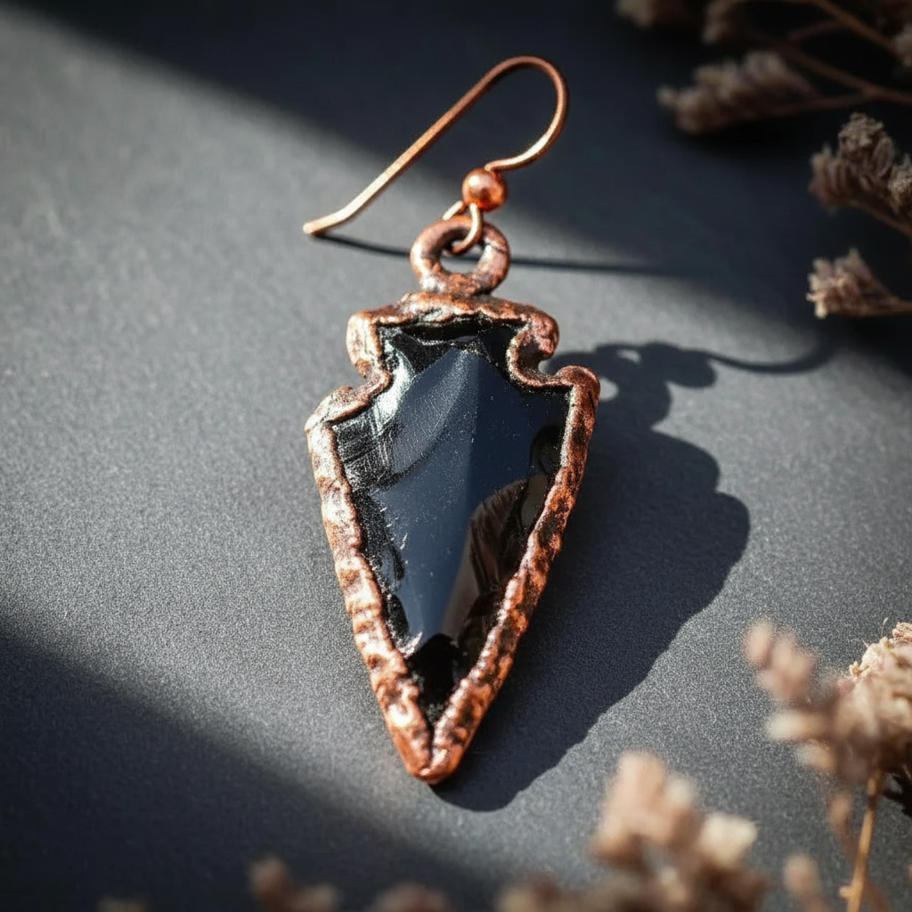 Black Obsidian Arrowhead Earrings — Macro