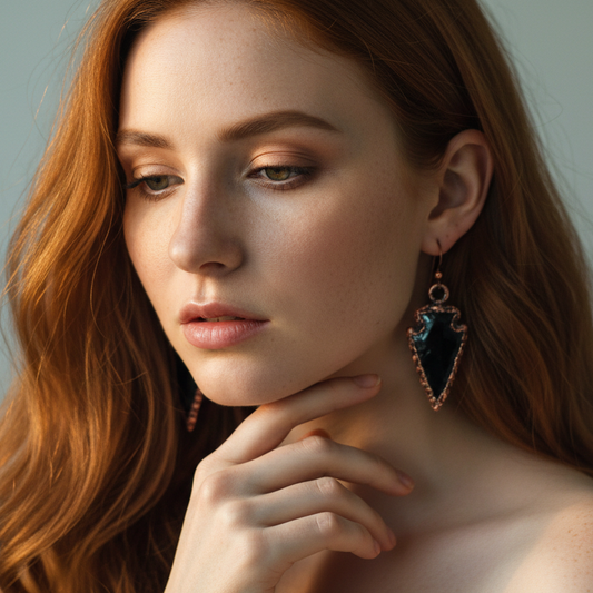 Black Obsidian Arrowhead Earrings — Model Shot