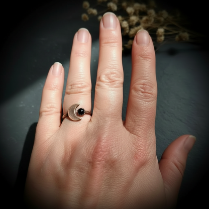 Black Onyx Moon Ring - Hand