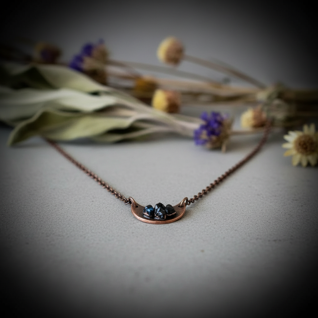 Black Tourmaline Crescent Moon Necklace Bust Slate