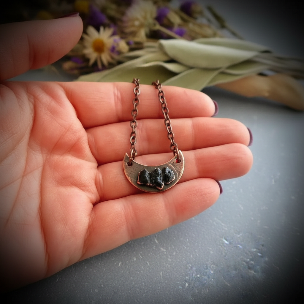 Black Tourmaline Crescent Moon Necklace Hand Scale