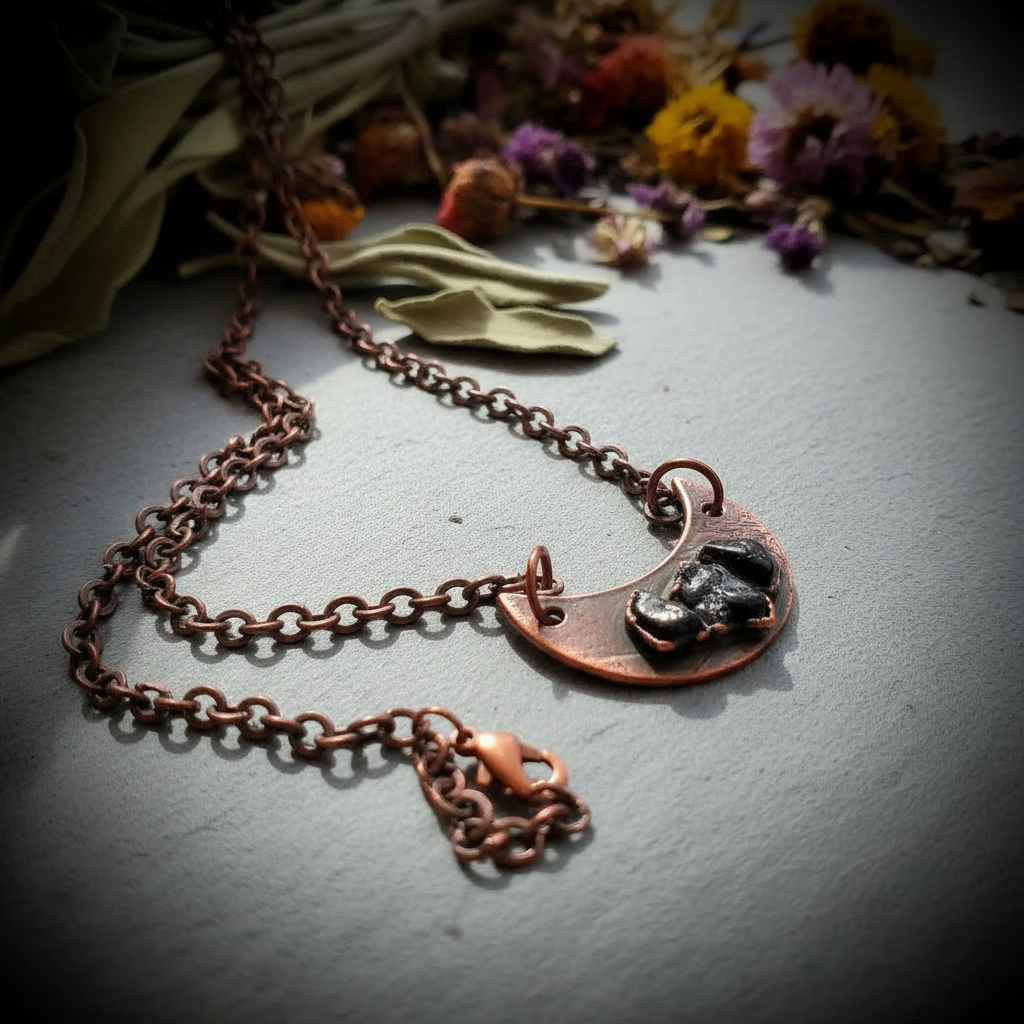 Black Tourmaline Crescent Moon Necklace Second Angle