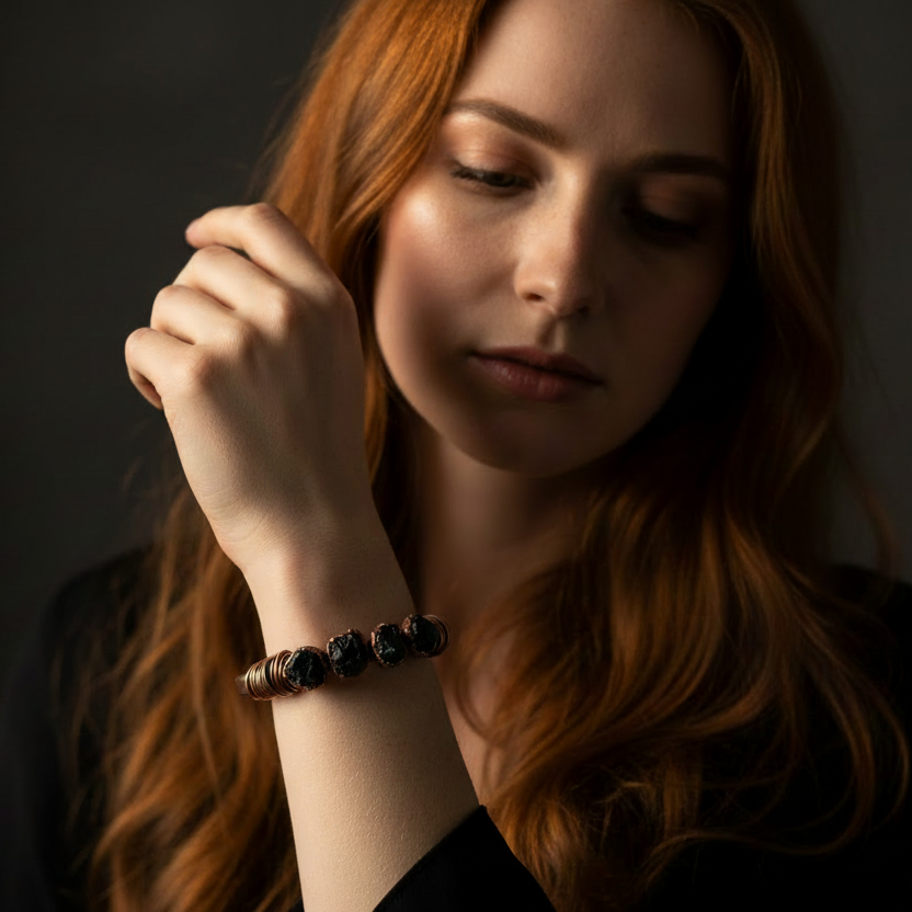 Black Tourmaline Cuff — Model Shot (5 stones)