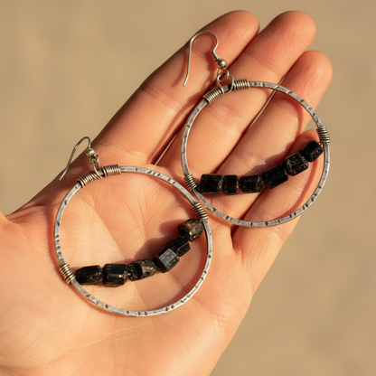 Black Tourmaline Hoop Earrings — Hand Shot