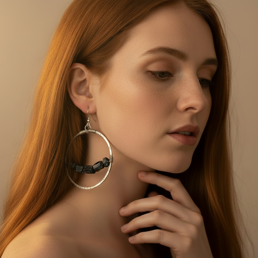 Black Tourmaline Hoop Earrings — Model Shot Light Grey