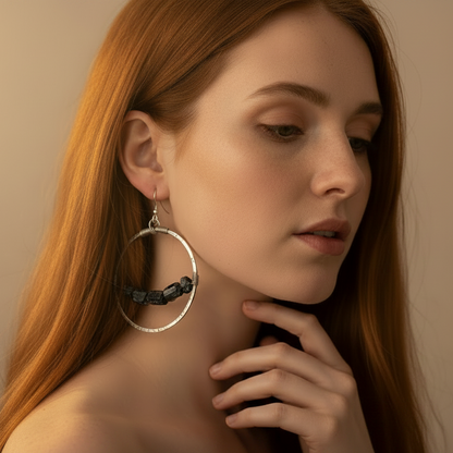 Black Tourmaline Hoop Earrings — Model Shot Light Grey