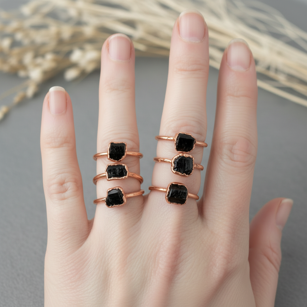 Black Tourmaline Rings Hand - Slate Surface