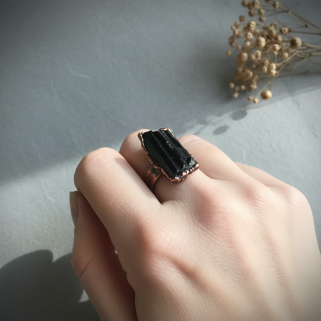 Black Tourmaline Rod Ring Hand Slate