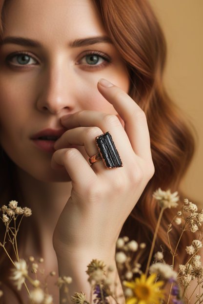 Black Tourmaline Rod Ring Model Shot