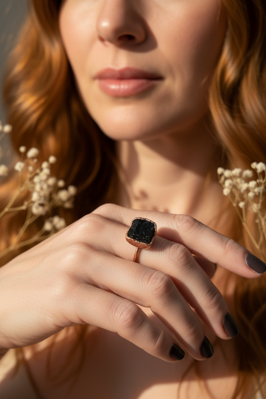 Black Tourmaline - Single Ring on Redhead Model
