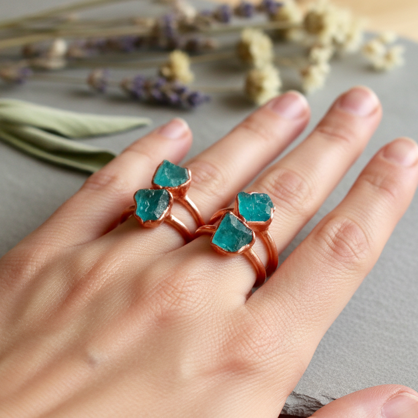 Blue Apatite Ring Antique Copper Hand Shot